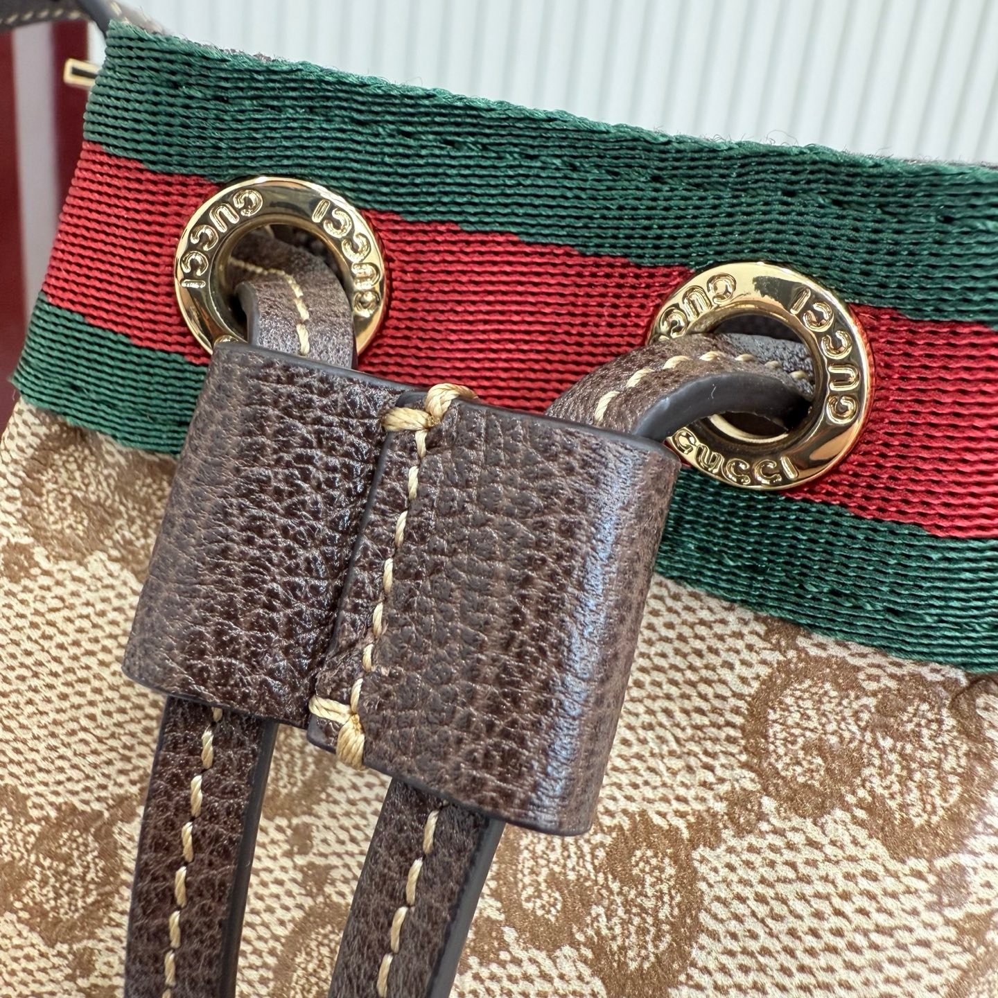 Generation Gucci古驰世代系列深入探索品牌的典藏元素，将不同世代的设计融合为统一的美学叙事。GG涂层帆布搭配经典织带，为多功能小型皮具带来标志性风格，如这款设计用于存放日常必需品的水桶包。
