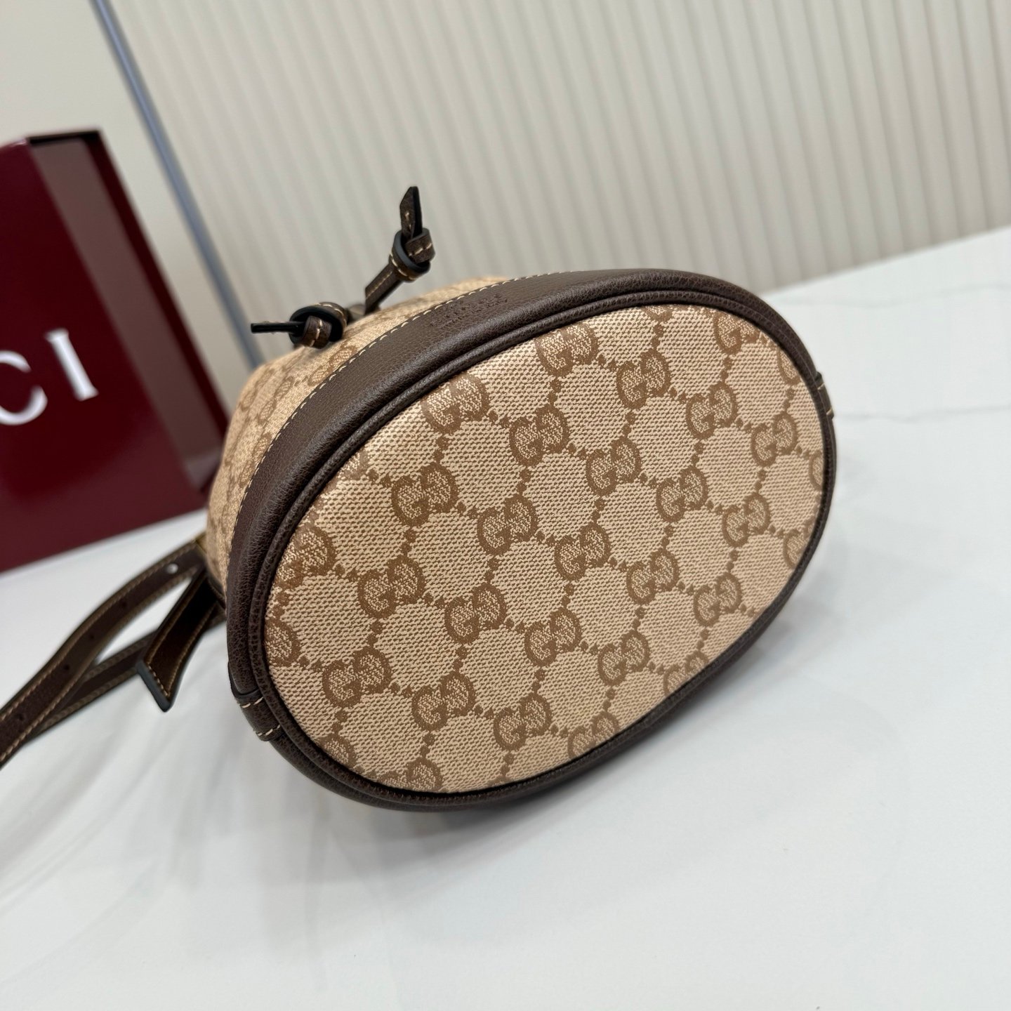 Generation Gucci古驰世代系列深入探索品牌的典藏元素，将不同世代的设计融合为统一的美学叙事。GG涂层帆布搭配经典织带，为多功能小型皮具带来标志性风格，如这款设计用于存放日常必需品的水桶包。