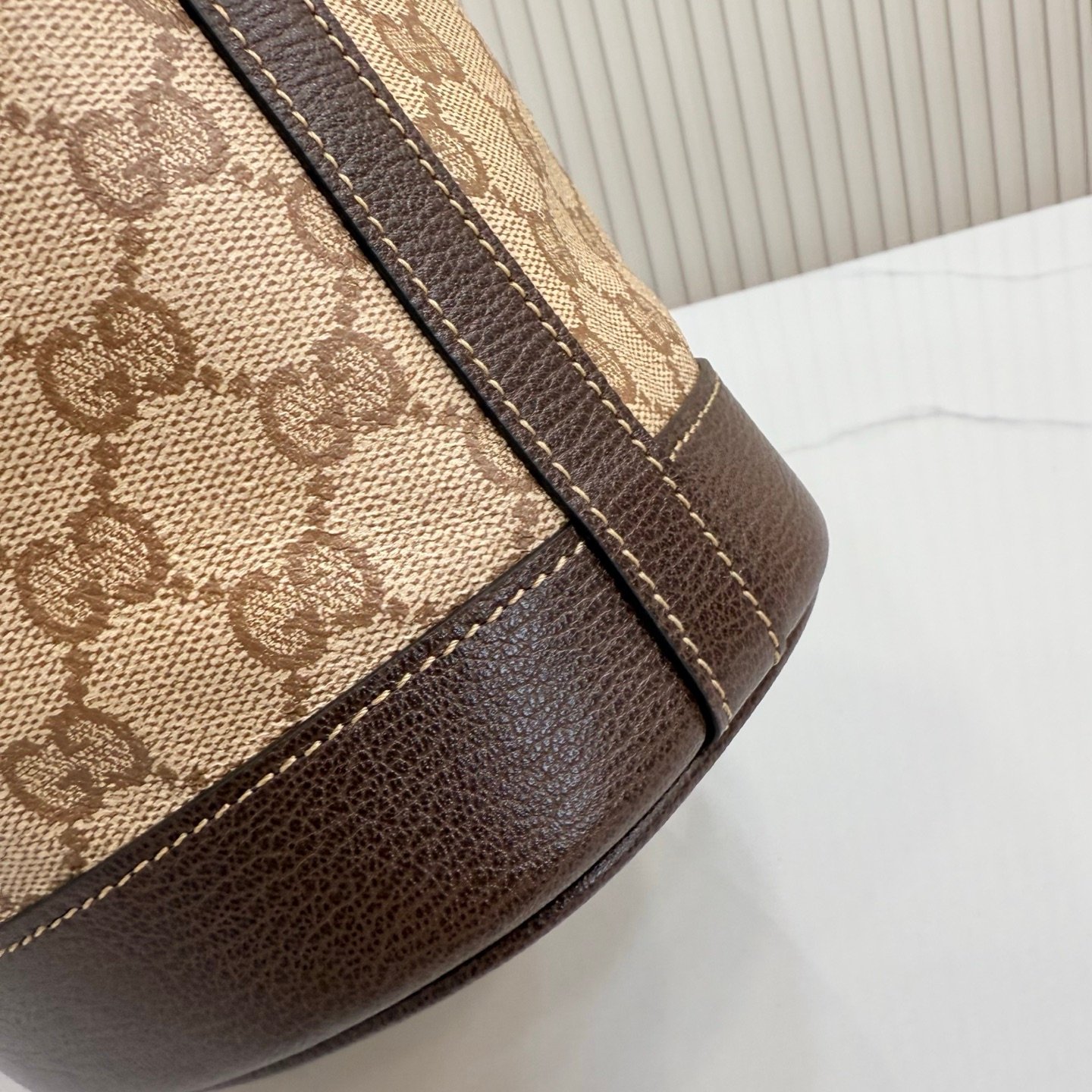 Generation Gucci系列深入探索品牌的经典元素，将不同世代的设计融合成一种美学叙事。GG涂层帆布搭配织带，为多功能小型皮具带来品牌标志性的设计，例如这款设计用于存放日常必需品的水桶包。