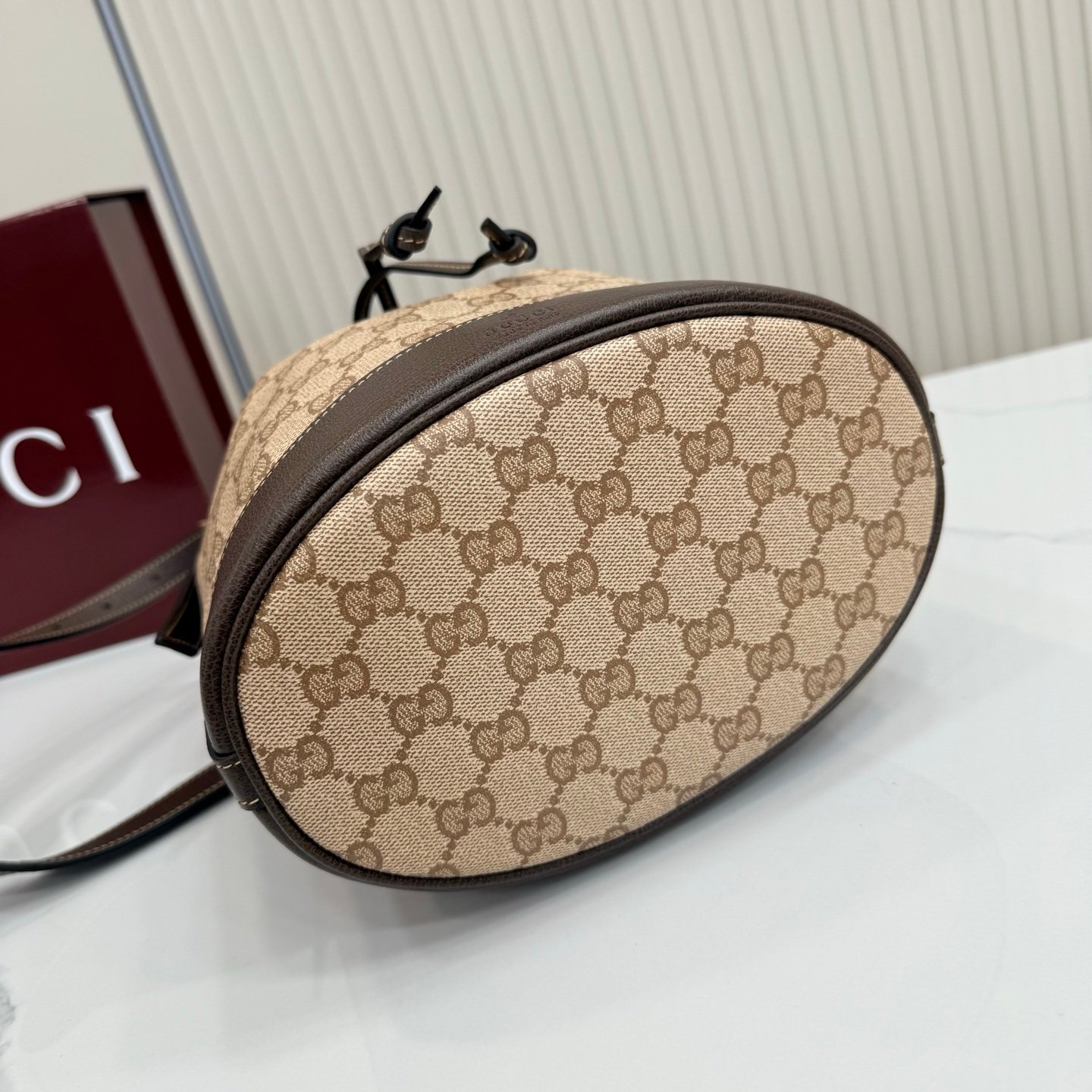 Generation Gucci系列深入探索品牌的经典元素，将不同世代的设计融合成一种美学叙事。GG涂层帆布搭配织带，为多功能小型皮具带来品牌标志性的设计，例如这款设计用于存放日常必需品的水桶包。