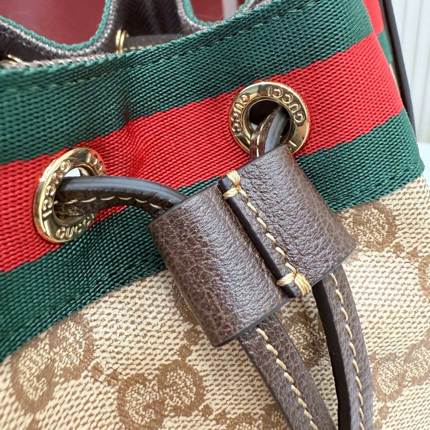 Generation Gucci系列深入探索品牌的经典元素，将不同世代的设计融合成一种美学叙事。GG涂层帆布搭配织带，为多功能小型皮具带来品牌标志性的设计，例如这款设计用于存放日常必需品的水桶包。