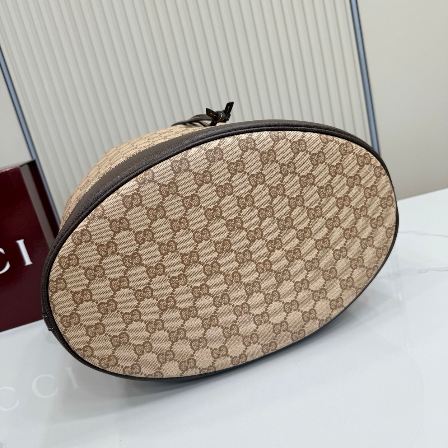 Generation Gucci系列深入探索品牌的经典元素，将不同世代的设计融合成一种美学叙事。GG涂层帆布搭配织带，为多功能小型皮具带来品牌标志性的设计，例如这款设计用于存放日常必需品的水桶包。